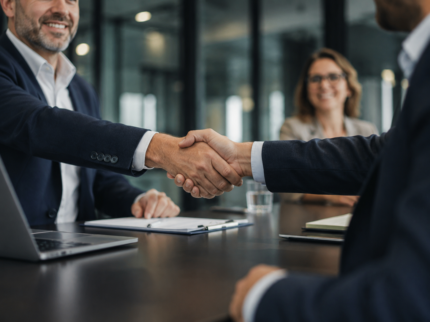 Two business professionals shaking hands across a meeting table in a corporate office