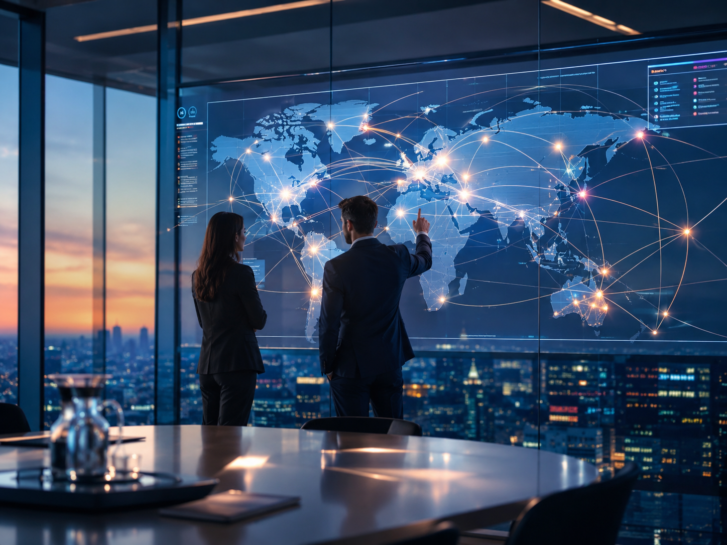 Business professionals reviewing a global network map on a large digital screen in a corporate boardroom